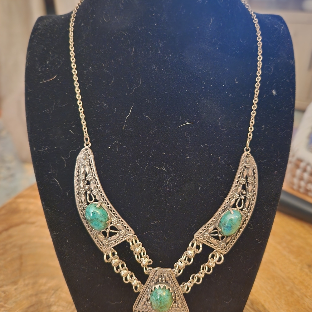 Vintage Israeli Sterling Silver Necklace with eĺiat Stone Cabochons - Picture 3 of 6